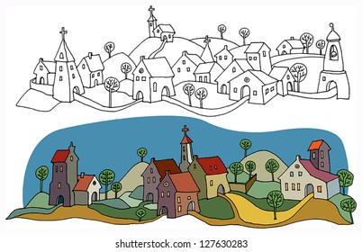 Hand Drawn Houses Rural Landscape Stock Vector (Royalty Free) 127630283