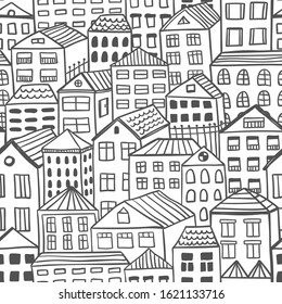 Hand drawn houses seamless pattern, black and white vector illustration. Cute city texture in doodle style, ink sketch.