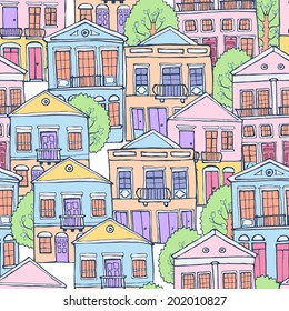 Hand drawn houses. Seamless pattern, vector illustration.