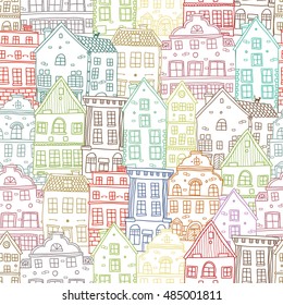 Hand drawn houses seamless pattern with old european standing close buildings of different architecture vector illustration