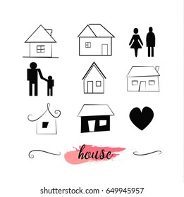 hand drawn houses set. house icons. home symbols. vector design elements