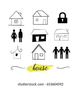 hand drawn houses set. house icons. home symbols. vector design elements