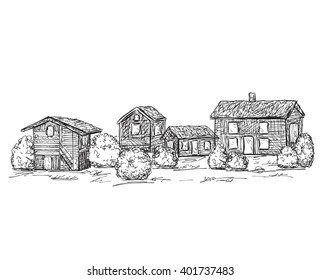 Hand Drawn Houses Sketch Doodles Tree Stock Vector (Royalty Free
