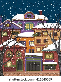 Hand drawn houses and trees. Town street in snowy winter night.