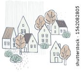 Hand drawn houses and trees. Vector sketch  illustration.