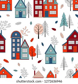 hand drawn houses and trees vector seamless pattern. Scandinavian folk art style. Hygge illustration for kids fabric, wrapping and wall paper.