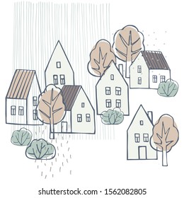 Hand drawn houses and trees. Vector sketch  illustration.