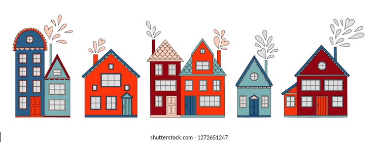 hand drawn houses vector elements. Scandinavian folk art style. Hygge illustration for greeting cards, nursery poster, fabric, wrapping and wall paper.