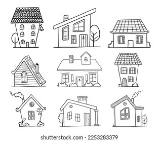 Hand drawn houses vector set. Cute rural buildings isolated on white. Doodle collection