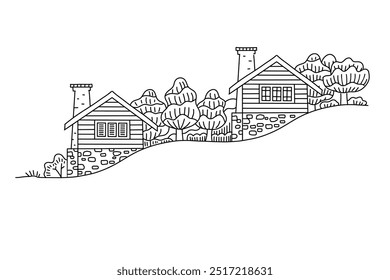 Casas dibujadas a mano. Pueblo, casa de campo, Arte vectorial, libro para colorear.