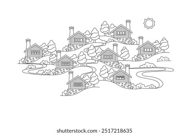 Casas dibujadas a mano. Pueblo, casa de campo, Arte vectorial, libro para colorear.