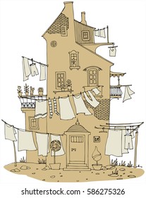 Hand drawn houses with windows, laundry, street, vector illustration