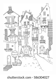 Hand drawn houses with windows, laundry, street, vector illustration