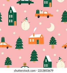 Hand Drawn Houses For Winter, New Year And Christmas Fabrics And Decor. Northern Town. Seamless Pattern.