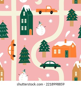 Hand drawn houses for winter, New Year and Christmas fabrics and decor. Northern town. Seamless pattern.