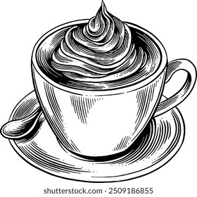 Hand drawn How Chocolate Drink with Whipped Cream in a Cup Sketch Illustration Engraving Woodcut Vintage Style