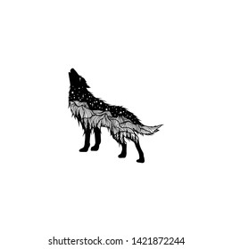 Hand drawn howling wolf and constellations textured vector illustrations