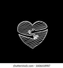 hand drawn Hugging heart isolated on a white background. Heart with hands. doodle style vector