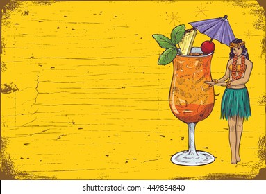 Hand drawn hula girl and mai tai cocktail on a wooden board