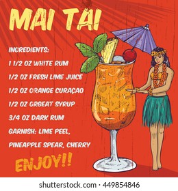 Hand drawn hula girl and mai tai cocktail