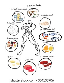 hand drawn human with 10 healthy foods for six pack abs and 10 foods high in protein