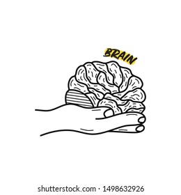 Hand drawn human brain isolated on a white. Brain in hand. Vector illustration.
