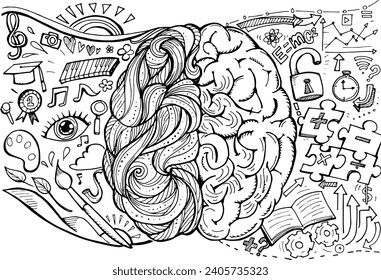 
Hand drawn of the human brain is the left and right hemisphere. Analytics and creativity. Monochrome sketch.-Vector illustration