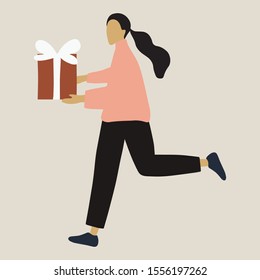 Hand drawn human character with present box. People with gift. Flat vector illustration