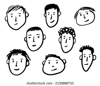 Cara de doodle humana dibujada a mano. Colección de diferentes expresiones faciales sobre un fondo blanco. Ilustración del vector