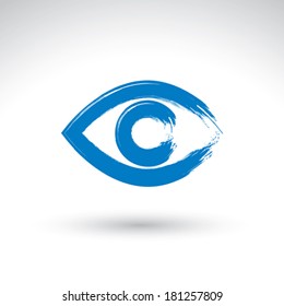 Hand drawn human eye icon, brush drawing blue medicine sign, original hand-painted eye isolated on white background.