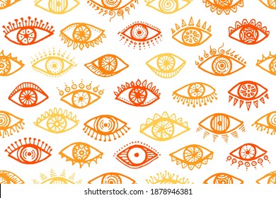 Hand drawn human eyes boho repeatable ornament. Pop art graphic style illustration. Makeup packaging vector design. Doodle eyes with girly eyelashes magic endless pattern.