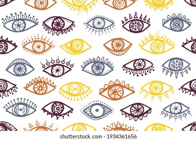 Hand drawn human eyes cute endless ornament. Sketch drawing style illustration. Makeup wrapping print design. Doodle eyes with girly eyelashes minimal seamless pattern.