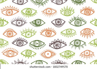 Hand drawn human eyes modern endless ornament. Pop art graphic style illustration. Fashion wrapping print design. Doodle eyes on white background ethnic repeatable pattern.