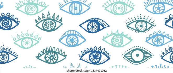 Hand drawn human eyes tribal repeatable pattern. Sketch drawing style illustration. Makeup packaging vector design. Isolated eyes with girly eyelashes trendy seamless ornament.