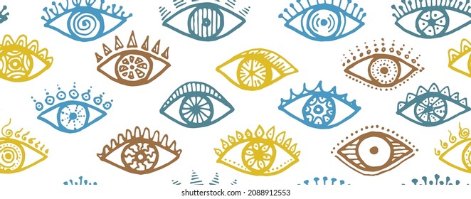 Hand drawn human eyes tribal endless pattern. Sketch drawing style illustration. Fashion packaging vector design. Open eyes with girly eyelashes esoteric repeatable ornament.