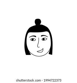 Hand drawn human face doodle. A cute girl with lock of hair. Isolated ink drawing with a pen. Pencil drawing. Simple illustration.