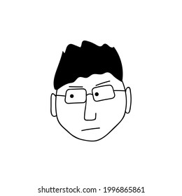 Doodle de rostro humano dibujado a mano. Un chico joven con gafas. Dibujo de tinta aislado con una pluma. Dibujo a lápiz. Ilustración simple.
