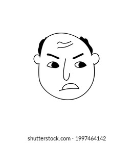 Hand drawn human face doodle. Angry man with a bald head. Isolated ink pen drawing. Pencil drawing. Simple modern illustration.