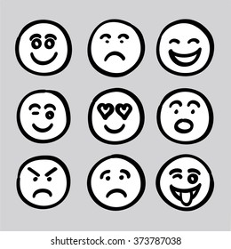 hand drawn human face expressions icons collection set vector graphic. it composed of happy face, sad face, surprise face, worry face, satisfied face, funny face, naughty face, angry face, love face