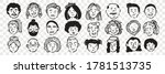 Hand drawn human faces doodle set. Collection of pen ink pencil drawing sketches of young old men women boys girls facial expressions on transparent background. Illustration different age generation.