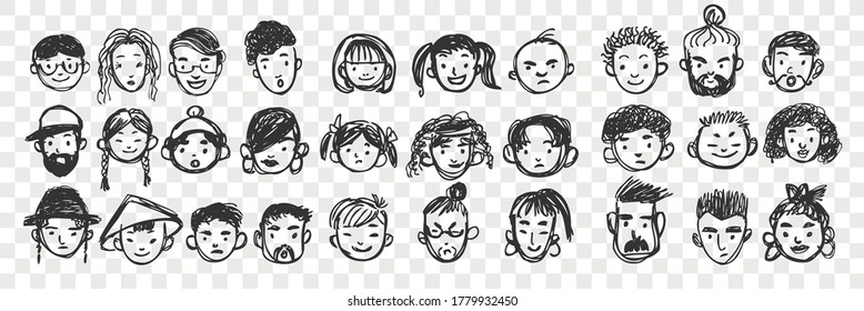 Hand Drawn Human Faces Doodle Set. Collection Of Pen Ink Pencil Drawing Sketches Of Multiracial International Man Woman Boy Girl Portraits On Transparent Background. Illustration Of Multiethnicity