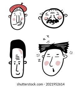 Hand drawn human faces doodle set. Collection of pen ink pencil drawing sketches of young old men women boys girls facial expressions. Illustration different age generation.