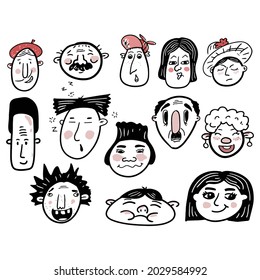 Hand drawn human faces doodle set. Collection of drawing sketch of young old men women boys girls facial expressions. Illustration different age generation.