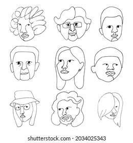 Hand drawn human faces doodle set. Illustration different age generation.