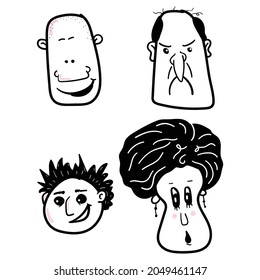 Hand drawn human faces doodle set. Collection of drawing sketches of young, old men, women ,boys girls facial expressions. Illustration different age generation.