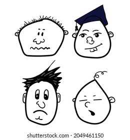 Hand drawn human faces doodle set. Collection of drawing sketches of young, old men, women ,boys girls facial expressions. Illustration different age generation.