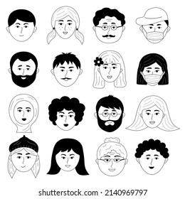 Hand drawn human faces doodle set. People avatars of different sex, nationality, age for social networks, website. Portrait with positive facial expression. Vector illustration.