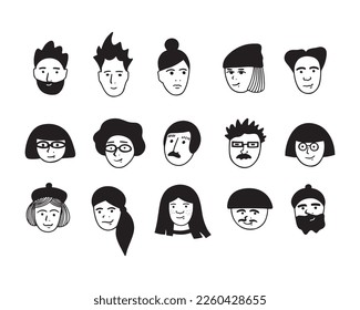 Hand drawn human faces doodle set. Black and white icons collection.