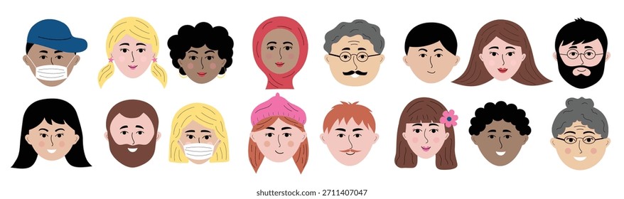 Conjunto de garabatos de rostros humanos dibujados a mano. Avatares de personas coloridas de diferente sexo, nacionalidad, edad para redes sociales, Sitio web. Retrato con expresión facial positiva. Ilustración vectorial.