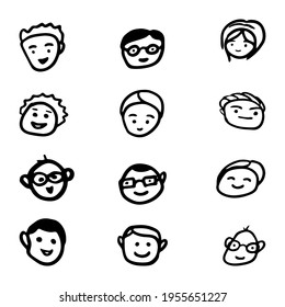 Hand drawn human faces set isolated on white doodle line art illustration. Funny women and men heads avatars.